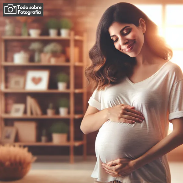 Imagen de una mujer embarazada sonriendo suavemente mientras acaricia su barriga, en un entorno cálido y acogedor, representando la belleza y la alegría de la maternidad.