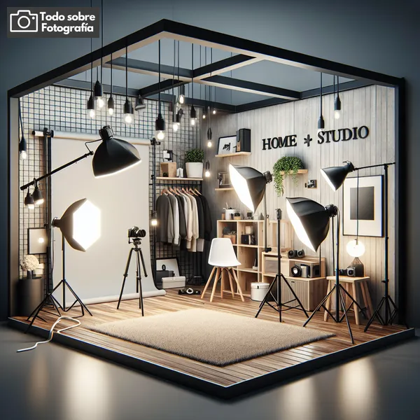 Imagen de un estudio fotográfico casero con luces, fondos y equipo profesional, lista para ser utilizada en el artículo sobre cómo armar tu propio estudio fotográfico en casa.