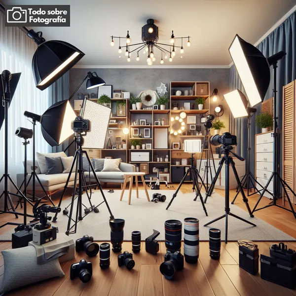 Imagen de un estudio fotográfico casero con iluminación profesional y cámaras de alta calidad para tomar fotografías de estudio en casa.