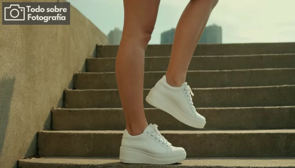 - Una persona de pie con confianza con un par de elegantes zapatillas en sus pies frente a un fondo urbano; otro individuo que posa juguetonamente con tacones altos en las escaleras o plataformas para enfatizar estilo y gracia