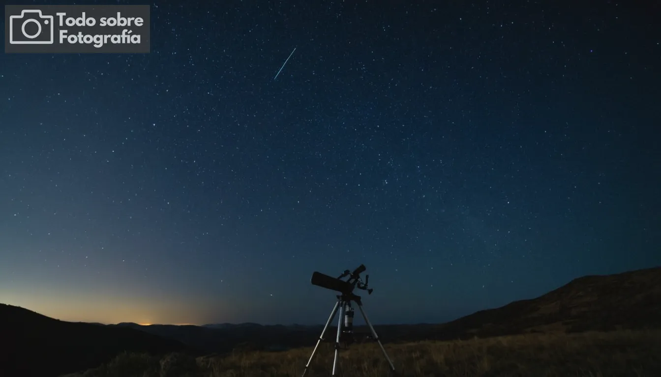 Cielo nocturno estrellado, paisaje iluminado por la luna, constelaciones brillando brillantemente, un telescopio con cuerpos celestes en vista, equipo de cámara moderno, fondo oscuro enfatizando estrellas, capturando la belleza natural, perspectivas de estrella única