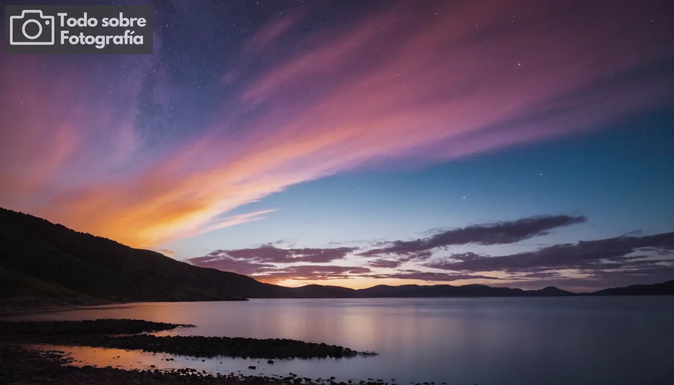 Cielos de amanecer y atardecer, coloridos hues, nubes de silueta, tiros de larga exposición, detalles intrincados en estrellas, reflejos vibrantes en cuerpos de agua, paisajes diversos, simetría cautivadora entre luz de la mañana y la noche, contrastes sutiles, ambiente sereno