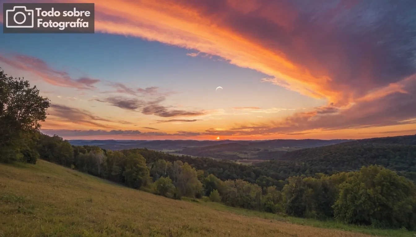 cielo lleno de tonos vivos, paisaje expansivo, puesta del sol o escena del amanecer, formaciones de nubes únicas, cuerpos celestes como estrellas y luna, condiciones meteorológicas diversas, línea de horizonte cautivadora, belleza natural intacta por las estructuras humanas, ambiente tranquilo, perfecto para los entusiastas de la fotografía