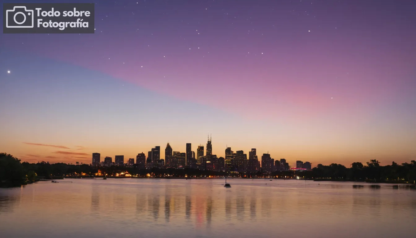 Cielo al atardecer, colores vibrantes que se extienden a través del horizonte, skyline urbano en silueta, cuerpos de agua reflectantes, un grupo de estrellas emergentes, aeronaves volando por, técnicas de realce natural de la luz visible, varios ángulos de cámara que muestran profundidad y perspectiva, indicios de elementos paisajísticos como árboles o edificios