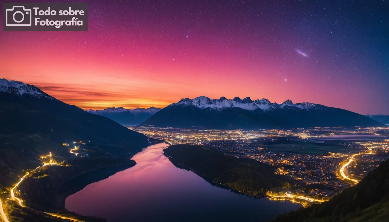 estrellas cielo nocturno, paisaje urbano al amanecer, cuerpos celestes capturados a través de lente telescopio, disparos aéreos drones sobre montañas, vibrantes auroras paisajes iluminantes, colores contrastantes entre paisajes urbanos y naturales, fotografía infrarroja revelando detalles ocultos en la atmósfera, fotos nocturnas de larga duración con senderos ligeros, bengalas solares a través de imágenes de alta altitud, formación de nubes lenticulares en los cuerpos de agua reflectantes bajo brillo lunar