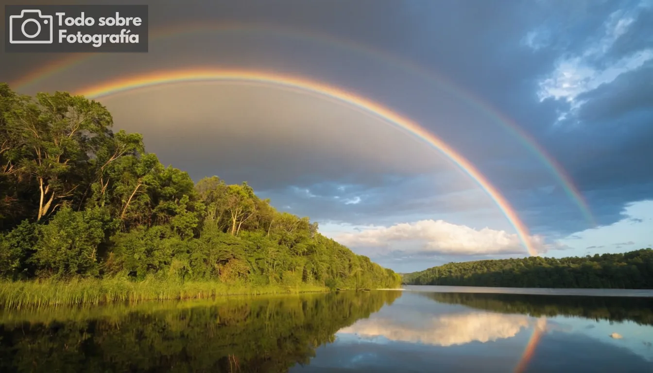 cielo con arco iris arqueando sobre él, colores vibrantes mezclando perfectamente, varias nubes telón de fondo, paisaje natural, luz solar filtrando a través, reflexiones sobre cuerpos de agua, diversas condiciones de iluminación, diferentes puntos de vista, capturando el movimiento dinámico del fenómeno, entorno exterior pacífico