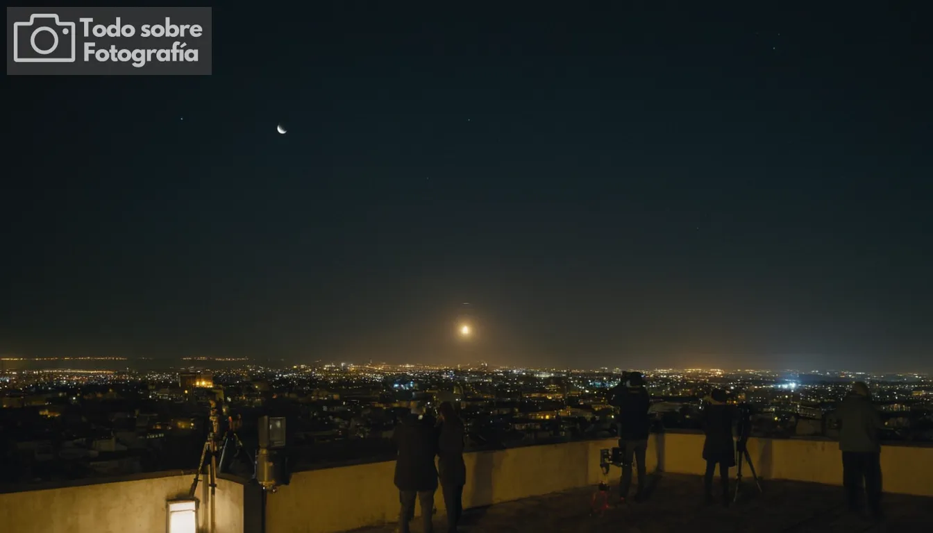 Reflexión lunar sobre un cielo oscuro, techo con telescopios y cámaras, disparo de gran angular, ambiente nocturno, escenario de astronomía urbana, siluetas de observadores, lunas brillan iluminando luces de ciudad, ángulos de fotos creativos, contraste natural impresionante