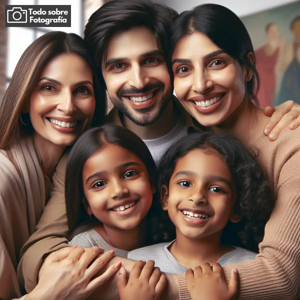 Imagen de una familia sonriendo y abrazándose frente a la cámara, representando la alegría y conexión en la fotografía familiar.