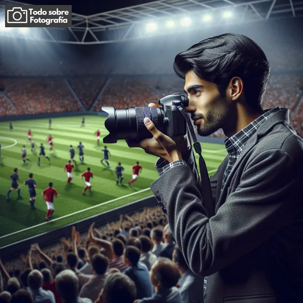 Imagen de un fotógrafo capturando con éxito un emocionante partido de fútbol en acción en un estadio lleno de aficionados.