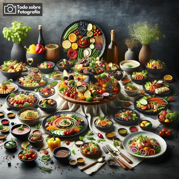 Imagen de una mesa decorada con platos de comida artísticamente presentada, representando la diversidad y creatividad de la fotografía gastronómica.