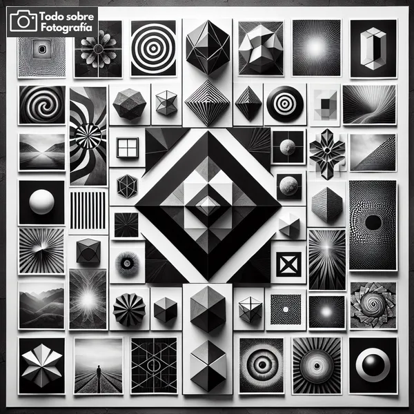 Collage de fotografías geométricas en blanco y negro con patrones simétricos y formas abstractas, ilustrando conceptos de creatividad y composición en la fotografía.