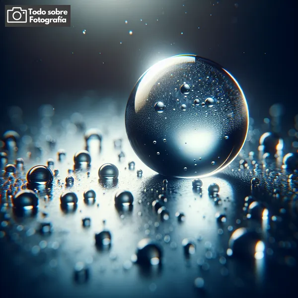 Imagen de gotas de agua en una superficie brillante, capturadas con una excelente técnica fotográfica. Acompaña el artículo 'Consejos para fotografiar gotas de agua: guía completa'.