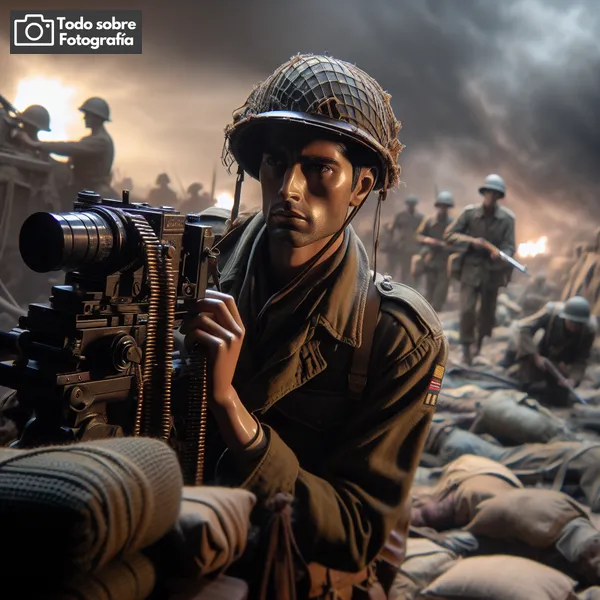 Imagen impactante de un fotógrafo capturando el conflicto en la línea del frente, resaltando la relevancia de la fotografía de guerra en la preservación de la memoria histórica.