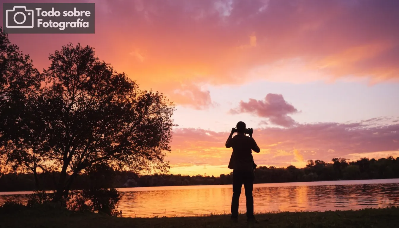 Fotógrafo con cámara, cielo de puesta del sol con relieves sobreexpuestos y colores vibrantes en nubes, silueta de árboles contra fondo brillante, edificio deslumbrado para contraste dramático, reflexión sutil sobre la superficie del agua indicando ligero bajo exposición, sentido de profundidad alcanzado a través de la técnica de apilación de enfoque