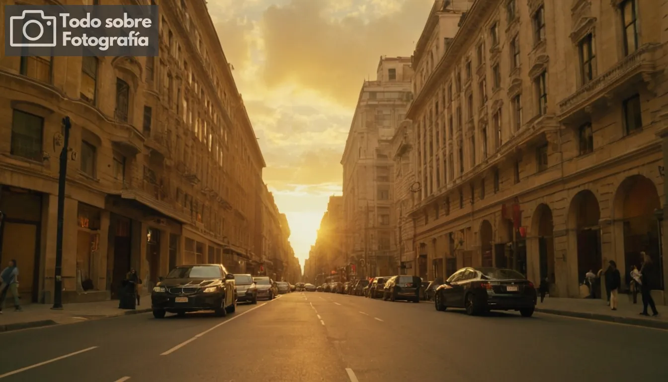 1 Fotógrafo capturando un vibrante paisaje urbano al atardecer2 Linterna dorada lanzando tonos cálidos en edificios y pavimento3 Temas elegantemente enmarcados con líneas líderes desde ventanas para crear profundidad4 Cielos claros destacando el contraste en los patrones de nubes sobre la arquitectura urbana5 Diversa gama de colores representados en varias superficies dentro del marco