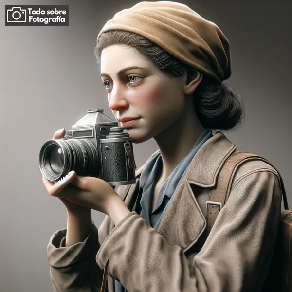 Retrato de Dorothea Lange, fotógrafa humanista famosa, sosteniendo su cámara mientras documenta la Gran Depresión en Estados Unidos.