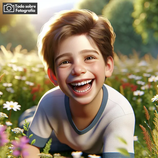 Niño riendo y jugando en un campo de flores, capturando la alegría de la infancia