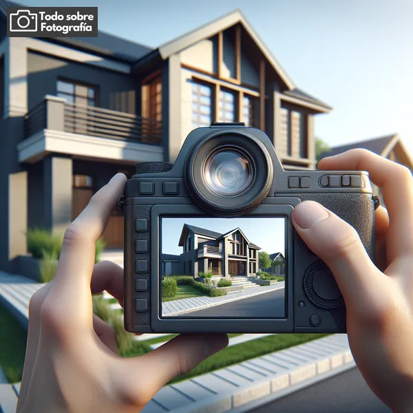 Imagen de una cámara fotográfica capturando la fachada de una casa, resaltando la importancia de la iluminación y composición en la fotografía inmobiliaria.