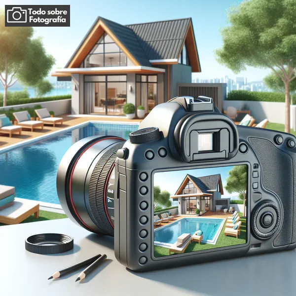 Imagen de una cámara fotográfica profesional capturando una vista panorámica de una casa moderna y luminosa