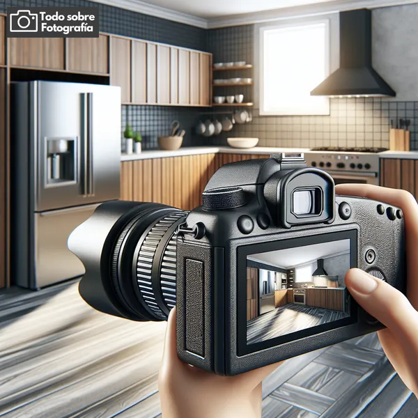 Imagen de una cámara fotográfica capturando una cocina moderna en una casa, representando los consejos para tomar mejores fotos en la fotografía inmobiliaria.