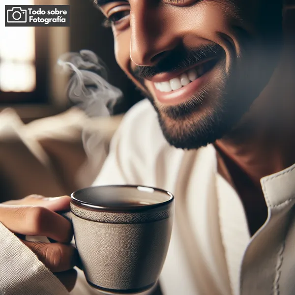 Imagen de una persona sonriente disfrutando de una taza de café en un ambiente acogedor y relajado, representando el estilo de vida fotográfico.