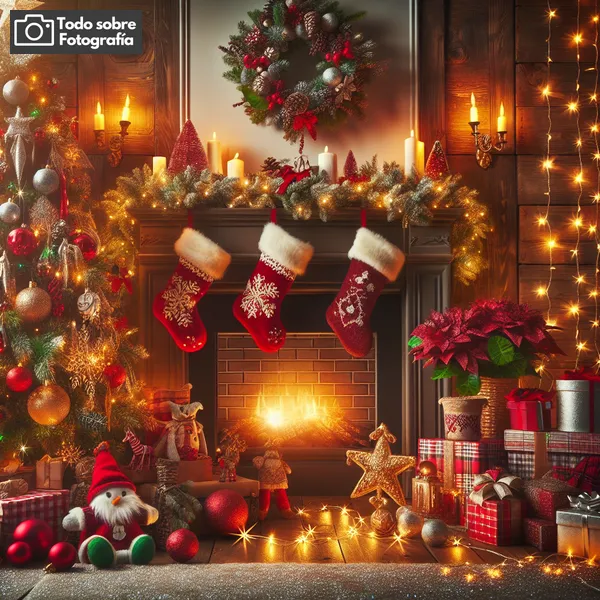 Imagen de decoración navideña con luces y elementos festivos para ilustrar el artículo sobre ideas creativas de fotografía para Navidad.