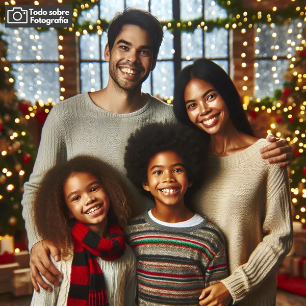 Imagen principal: Fotografía creativa de una familia sonriente y festivamente vestida en un entorno navideño lleno de luces y decoraciones, capturando la alegría y magia de la temporada festiva.