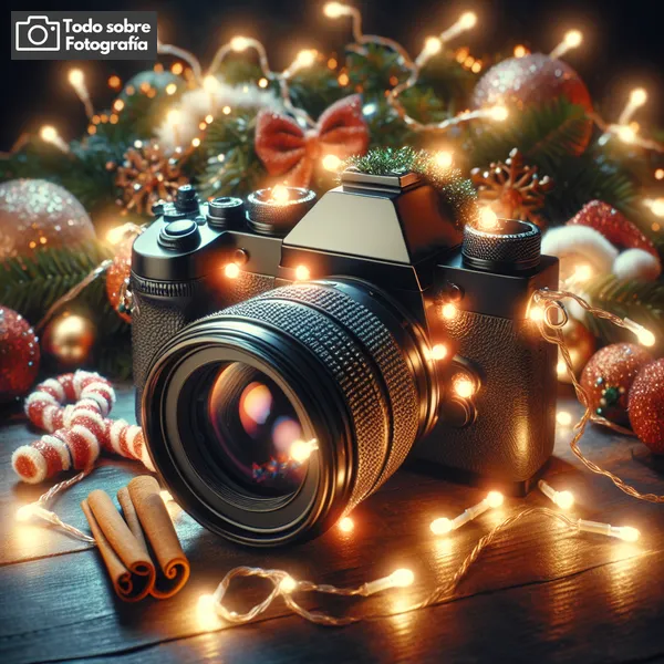 Imagen de una cámara fotográfica rodeada de luces y adornos navideños, representando la creatividad y la magia de la fotografía en Navidad.