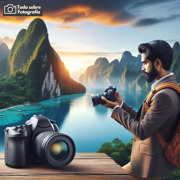 Imagen de una cámara profesional junto a un fotógrafo capturando una imagen en un hermoso paisaje natural, ilustrando los conceptos clave de la fotografía profesional.