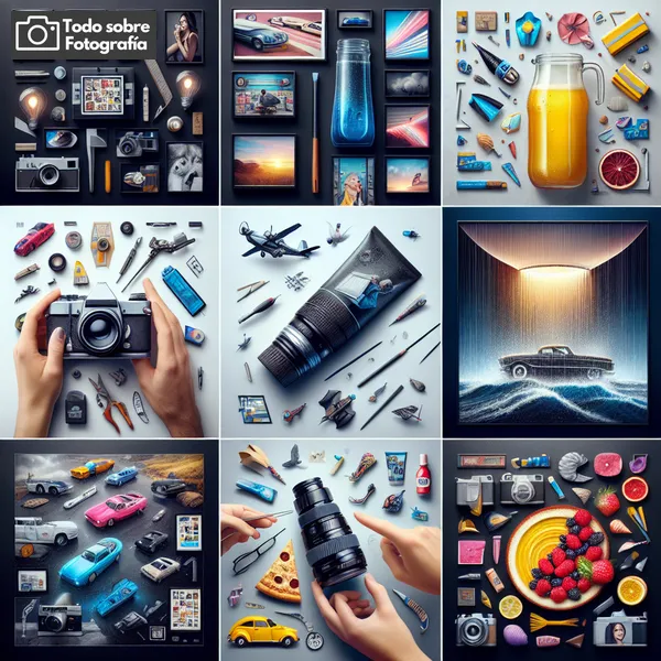 Collage de cinco ejemplos de fotografía publicitaria mostrando distintas técnicas y estilos creativos para inspirar campañas publicitarias exitosas.