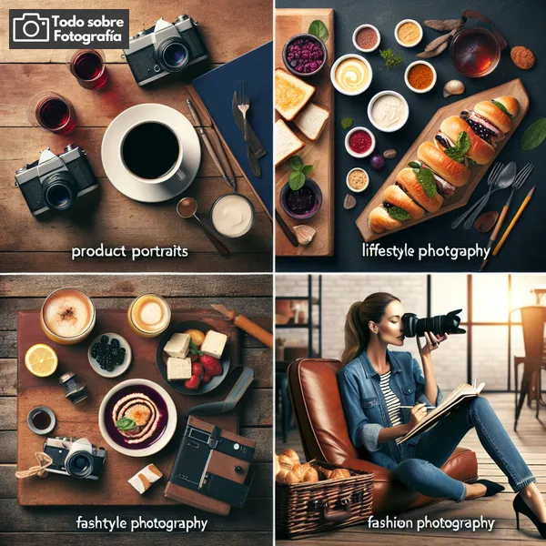 Collage con cinco ejemplos de fotografía publicitaria, incluyendo retratos de productos, fotografía de estilo de vida, fotografía de alimentos, fotografía de moda y fotografía de viajes.