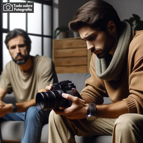 Hombre con cámara fotográfica capturando momentos de introspección y conexión emocional en una sesión de counseling y terapia