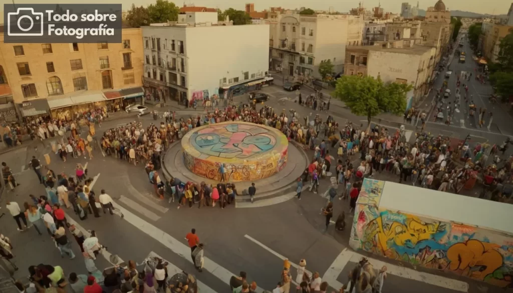 Crowded street scene with colorful graffiti murals