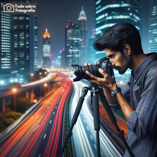 Imagen de un fotógrafo tomando fotos de la ciudad de noche, utilizando trípode y larga exposición para capturar la magia de las luces urbanas.