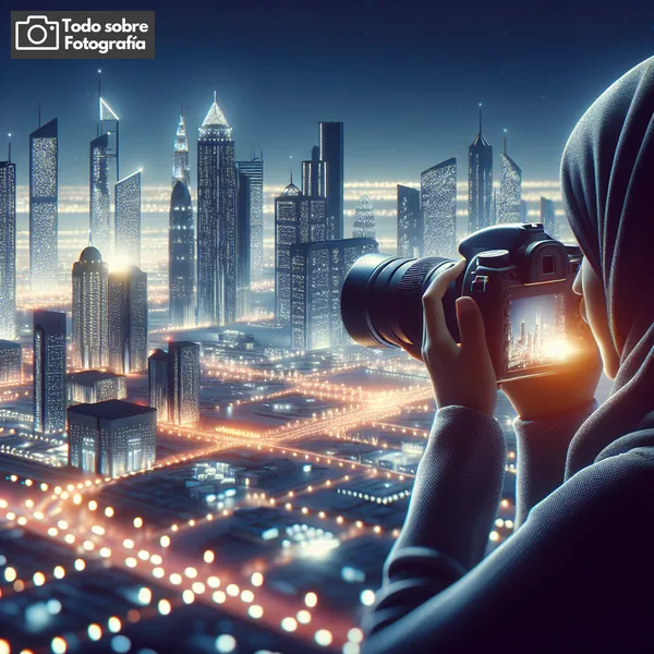 Imagen de una ciudad iluminada de noche con un fotógrafo urbano capturando paisajes nocturnos, enfoque en luces y sombras. Representación visual del artículo 'Consejos para fotografia urbana nocturna: 10 tips imprescindibles'.