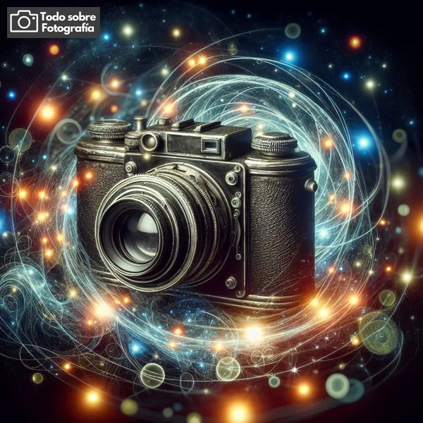 Imagen de una cámara de fotos antigua rodeada de luces abstractas, representando la creatividad e innovación de la fotografía vanguardista