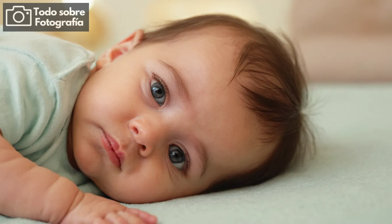 bebé recién nacido en una superficie acolchada, iluminación natural, entorno suave, interacción madre-hijo, expresión pacífica, detalle de cerca, equipo de fotografía profesional en el fondo, paleta de colores con tonos pasteles, ambiente sereno