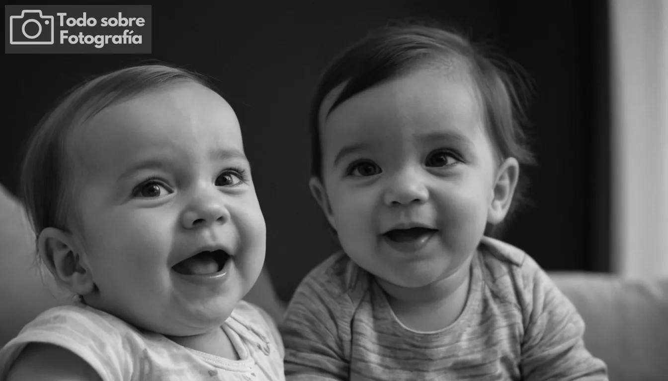 Bebé sonriente, iluminación suave, fotografías en blanco y negro, expresiones lúdicas, pose sin manos, entorno íntimo, momentos dulces, nuevos padres, atmósfera alegre