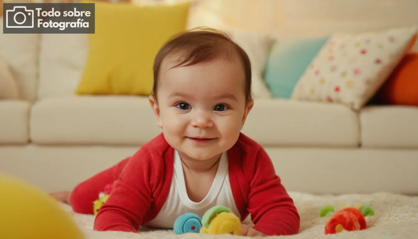 Un bebé recién nacido, iluminación suave, sonrisa angelical, juguetes coloridos cercanos, interacción padre-hijo, ambiente tranquilo, fondo acogedor, fotografía de alta resolución, belleza natural resaltado, tema atractivo, colores vibrantes, tonos cálidos