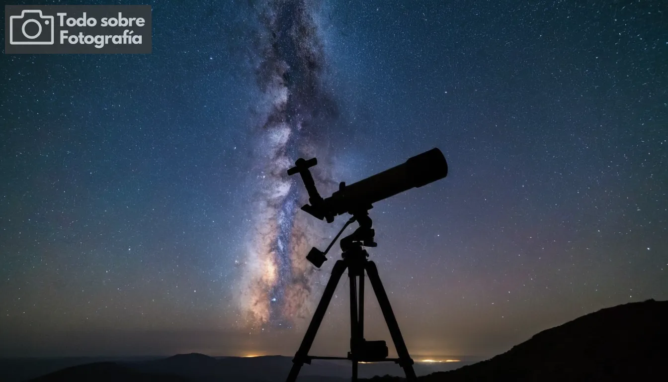 Un cielo nocturno lleno de estrellas, un telescopio en foco, silueta de galaxia de Vía Láctea, sendero luminoso detrás de cuerpos celestes, montaje de equipos astrofotografía, estabilidad de trípode de cámara, paisaje de fondo estrellado, impresionante mirador de Vía Láctea