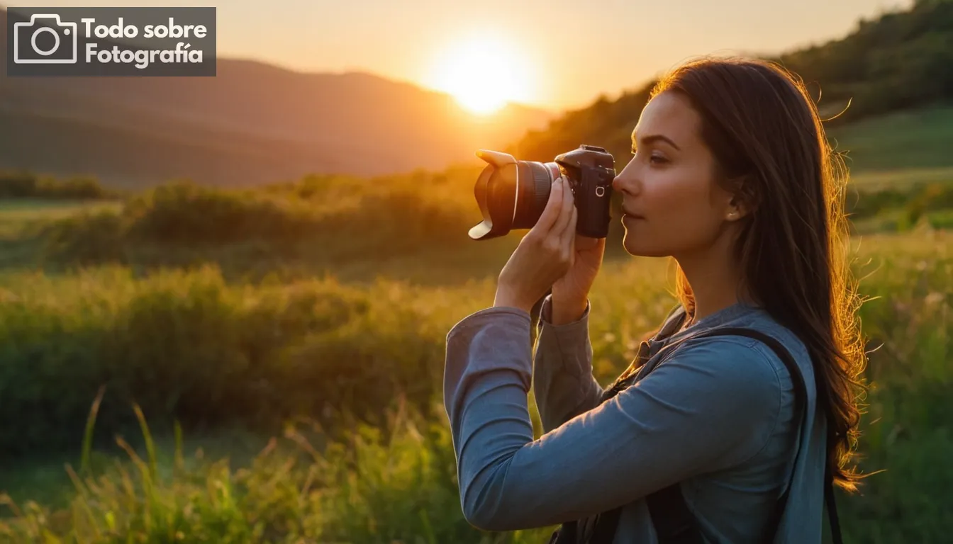 mujer que sostiene una cámara, paisaje de puesta del sol, vida silvestre, técnicas de fotografía de la naturaleza, escenario exterior, acción pose, colores vibrantes, puntas de composición, momentos dulces, efecto de fulgor de lentes, iluminación natural, capturando ángulos únicos, conciencia ambiental, diversos temas