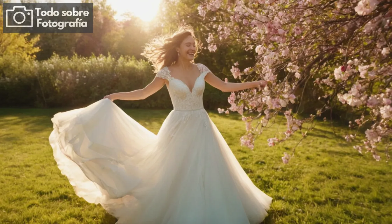 - Novia corriendo de la mano por el pelo, alegre sonrisa en su cara... Vestido de novia que fluye alrededor de baile animado se mueve en fondo- Sunlight filtrando a través de flores florecientes para resaltar pareja abrazando- Antecedentes mostrando una mezcla de colores vibrantes y pinceladas dinámicas