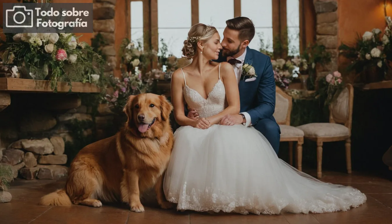 Pareja de novia que abraza una mascota única en su día de boda; fotógrafo animal especializado con equipo profesional en el fondo; lugar vibrante y creativamente arreglado que refleja el amor por los animales y el estilo personal; ambiente íntimo mezclando la alegría humana, la felicidad de las mascotas