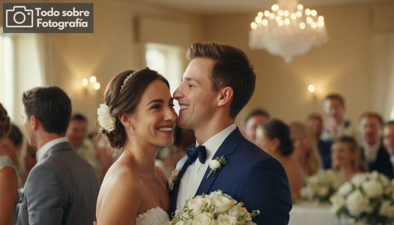Pareja emocional abrazando firmemente, ambiente celebratorio con invitados alegres y sonrientes, arreglos florales exquisitos que agregan a un entorno romántico, la luz del sol fluyendo a través de las ventanas del lugar creando ambiente cálido, fondos borrosos exteriores se centran en temas principales de fie
<center><img decoding=