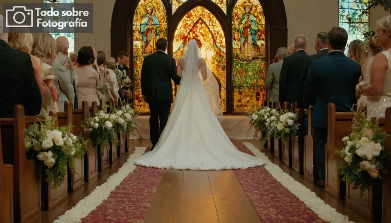 Novia en un vestido blanco fluyendo caminando por el pasillo hacia la pareja en el altar; luz de oro caliente filtrando a través de las vidrieras manchadas de vidrio echando patrones coloridos en sus caras y atuendo; diseños intrincados pintados a mano adornando el arco de la boda con flores florecientes, exuberante follaje verde como un elemento natural elegante realzando el atractivo visual