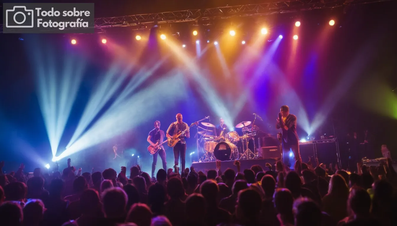 - Banda tocando en escenario con luces brillantes e instrumentos a su alrededor; multitud en colores vibrantes detrás de banda; efecto borroso para la sensación de movimiento dinámico