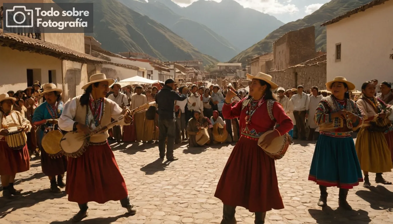 - En medio de una escena de conciertos de música en vivo en Perú, con gente disfrutando y bailando a canciones populares peruanas en sus tradicionales guitarras de charango- Primer plano con un experto fotógrafo ajustando sus configuraciones de cámara mientras captura el ambiente vibrante de un festival bullicioso celebrando música andina - Imagen dinámica mostrando músicos calificados tocando panpipes, cuyos ducados y sikus en armonía entre sí en un espectáculo callejero durante la luz Un grupo destacando fotógrafos profesionales colaborando entre sí mientras compartían consejos sobre el encuadre de escenas de música en vivo, como festivales de baile o performances callejeras con instrumentos indígenas como mentas y percusiones en el Perú, perdurando el paisaje cultural - Una composición de silueta con una figura prominente destacada sobre el fondo, ilustrando a un individuo profundamente absorbido mientras escuchaba canciones populares andinas usando panpipes tradicionales mientras se encontraba entre los locales