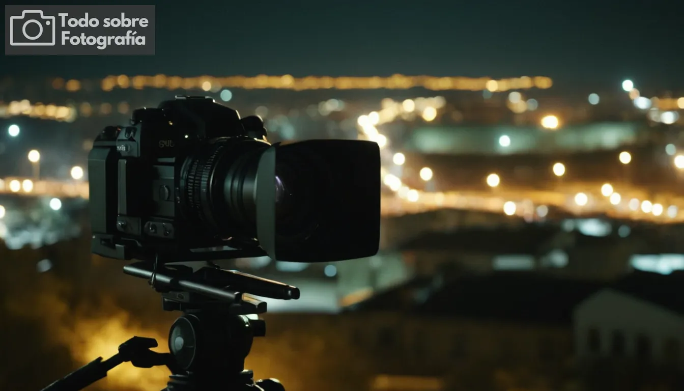 paisaje urbano por la noche, misteriosa silueta, luces deslumbrantes, equipo de cámara elegante, objetivo potencial en primer plano, sentido de intriga y emoción, elementos de composición artística