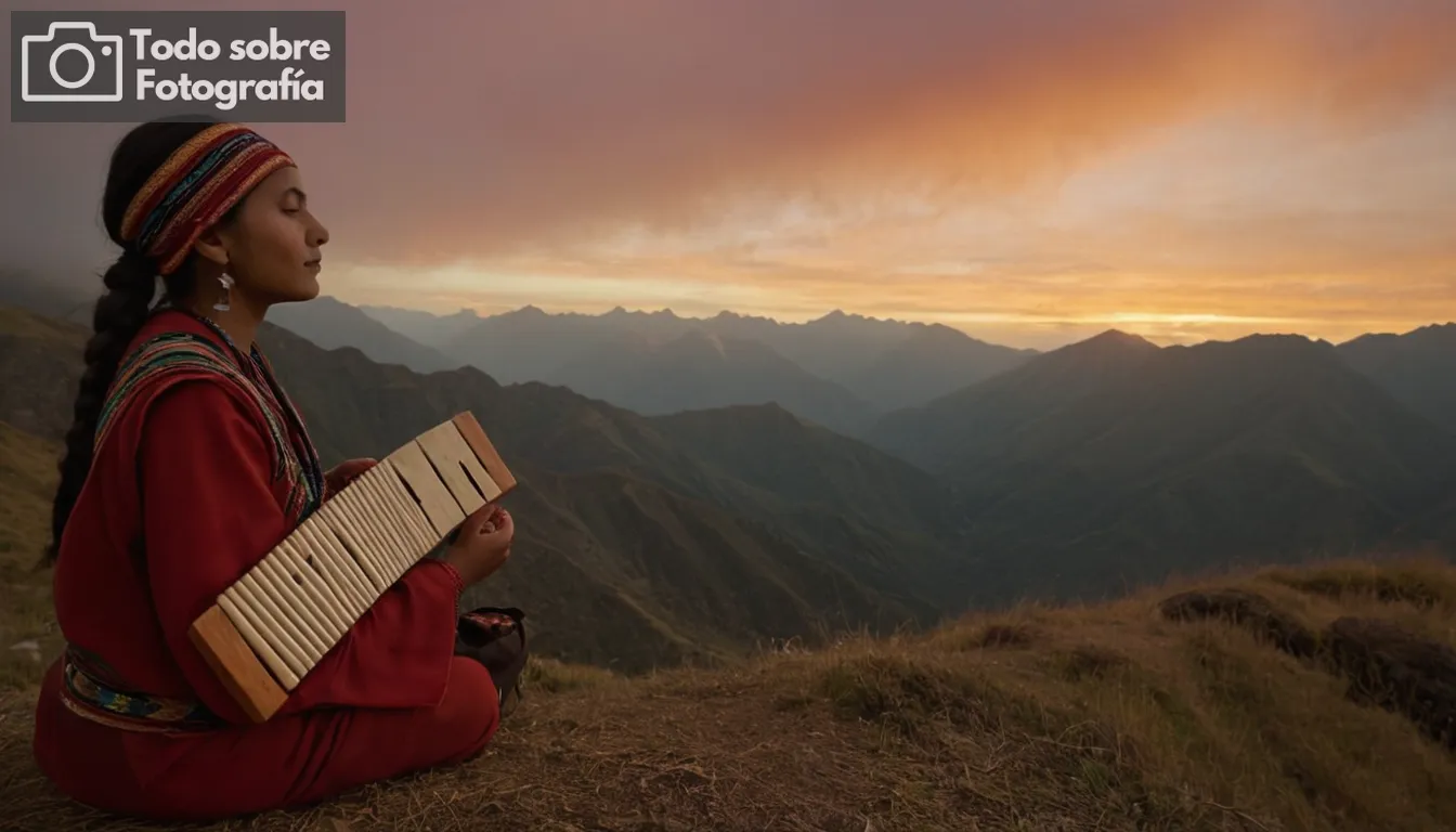 1 mujer en atuendo andino tradicional tocando la sartén en los picos de montaña al amanecer, silueta contra un ardiente amanecer; su música se desvanece en la niebla mientras se mueve a través de diversos paisajes naturales que reflejan cada uno de los veinticinco géneros fotográficos diferentes explorados