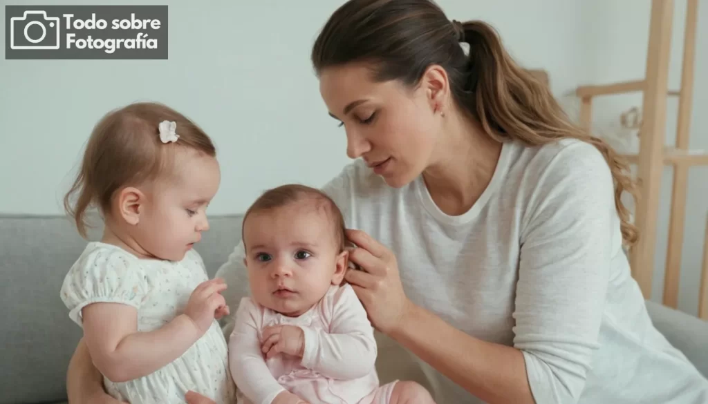 Chica bebé agitada en un entorno de guardería con colores pasteles suaves y paredes blancas; madre confiada mirando a su hijo tiernamente sosteniendo mangueras en contrastes blanco y negro; momento íntimo entre padres